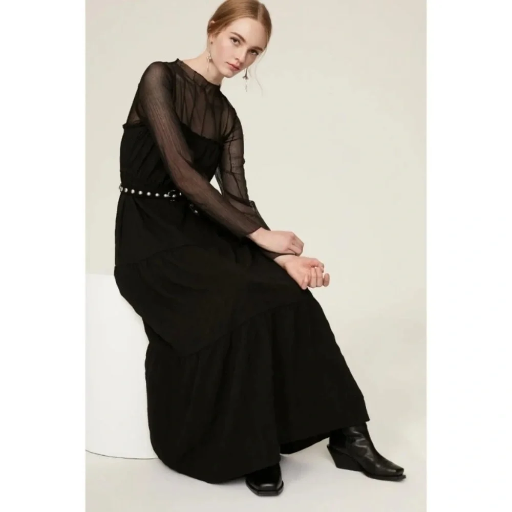 PAMELA LOVE M MAXI DRESS BLACK SHEER VICTORIAN ADAMS LONG SLEEVE PUNK GOTH ROCK